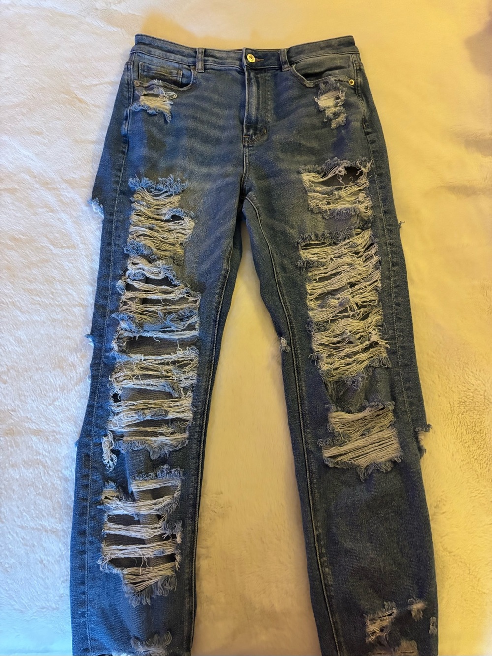 American Eagle Medium Blue Distressed High Rise Mom Denim Jeans